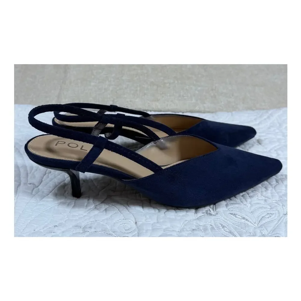 POL Women Blue 8.5 Suede Kitten Heel Slip On Dress Shoes Classic Comfort Pumps